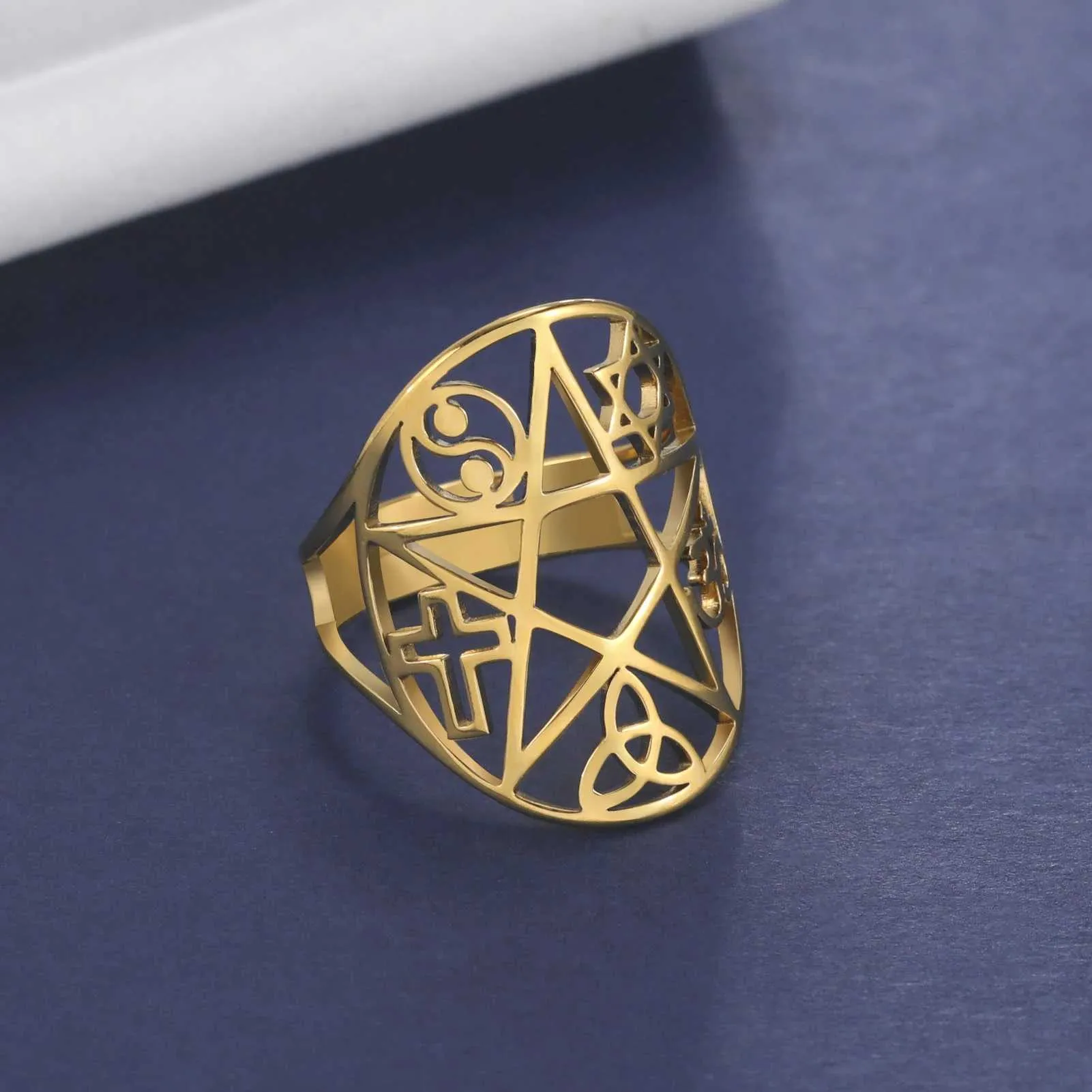 Eheringe Skyrim Amulett Pentakel Pentagramm Ring Edelstahl Triquetra Cross Star von David Yin Yang Om Symbol Schmuck für Frauen Männer Männer