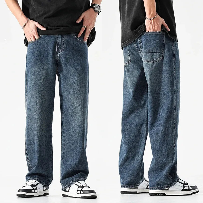 Baggy jeans män brett ben mörkblå denim byxor rak klippt överdimensionera koreanska stilbyxor för kläder jean 240430