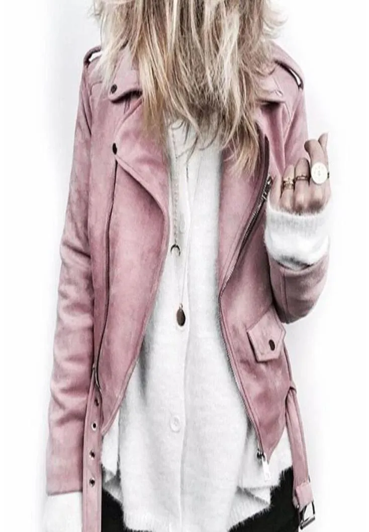 Women039s Jackets Autumn Winter Women Jacket Moto Biker Coat Turn Down Collar Style Pink Blue Bomber Femininos With Sashes1750515