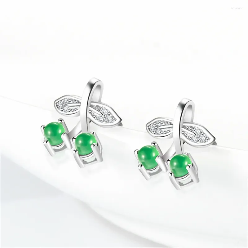 Stud Earrings 925 Silver Natural Green Jadeite Beads Cherry Style Lucky Earring Certificate Luxury Jade Woman's Bridal Ear Jewelry