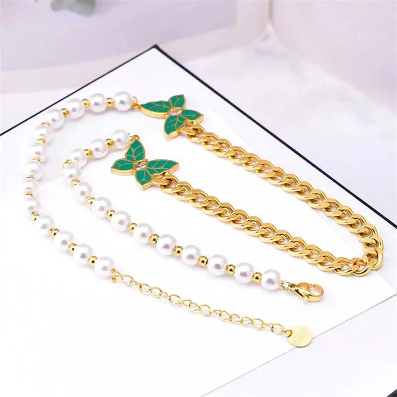 316L Stainless Steel New Fashion Fine Jewelry Zircon Pearl Green Butterfly Charm Chain Necklaces Bracelets Earrings For_voghion.com