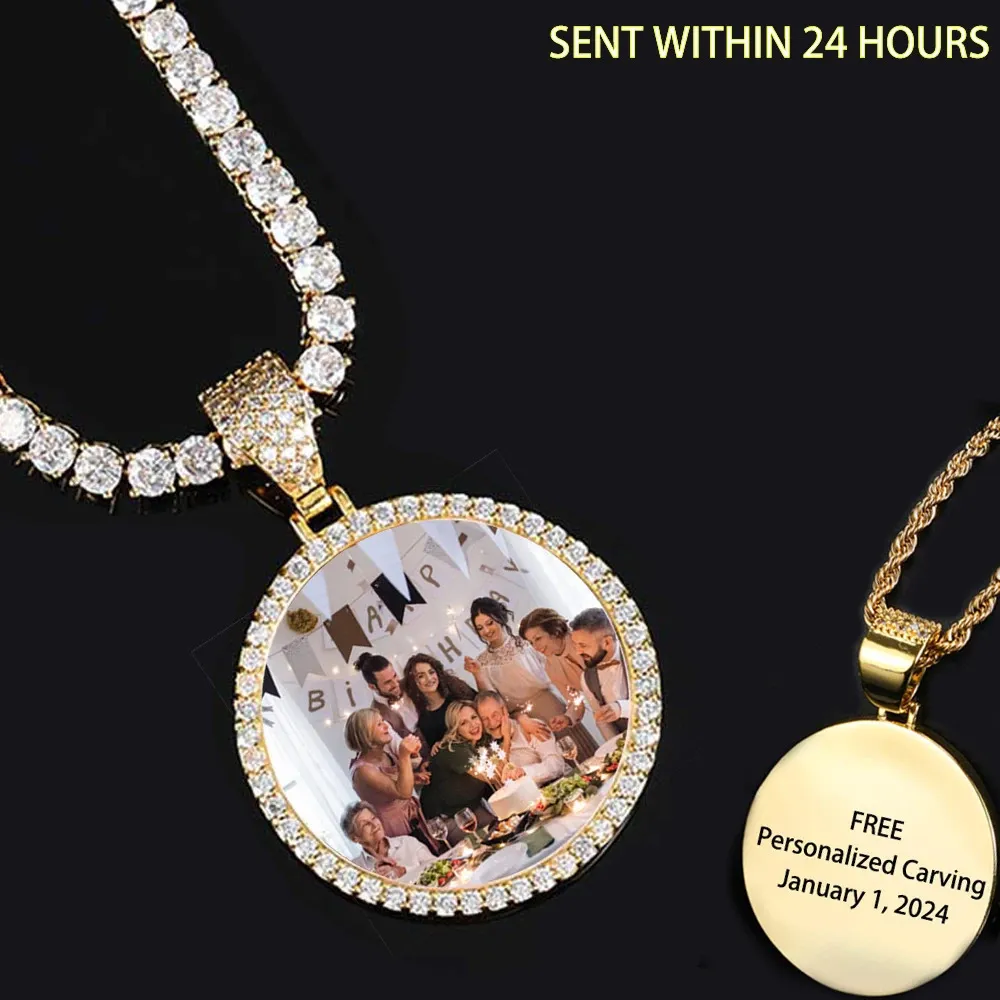 Spersonalizowany Po Medalion Bling Stone Naszyjnik Wisiant Niestandardowy obraz pamięci 35 mm Hip Hop biżuterii Wisior 240508