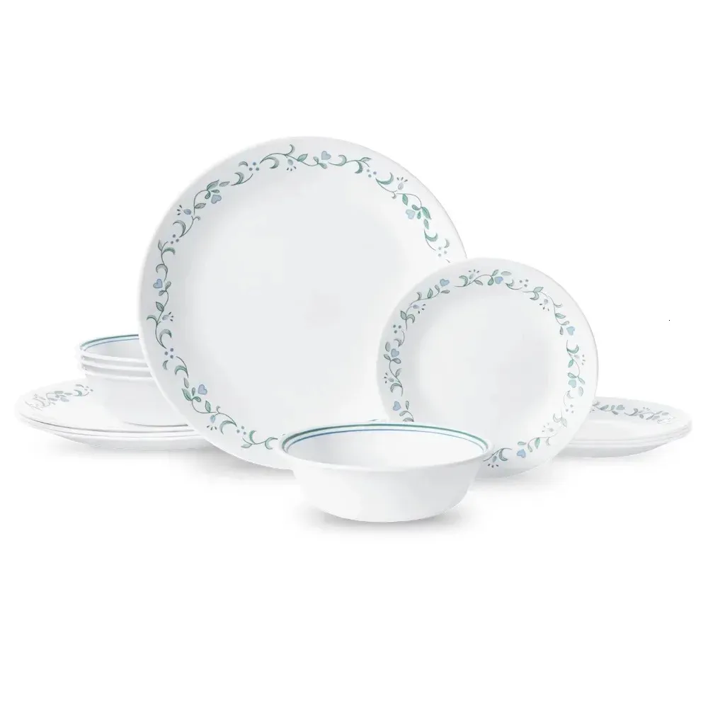Corelle Country Cottage White and Green Round 12 Piece Delsware Set 240508