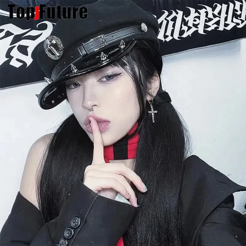 Harajuku gotik lolita şapka kadınlar punk zinciri subkültür baharat kız başlık perçin şapka şapka kadın y2k kızlar akran kapak 240508