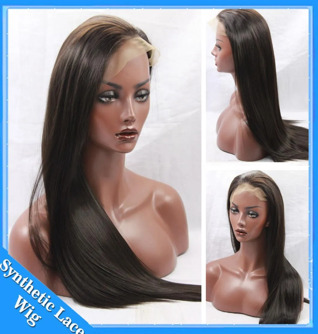 Syntetyczna koronkowa peruka jedwabista proste czarne włosy długie syntetyczne szwajcarskie koronkowe peruki odporne na ciepło Brazylijskie włosy naturalne W4630905