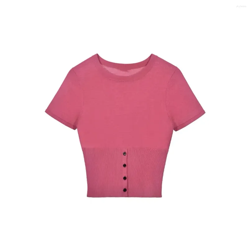 Kvinnors tröjor Halva öppet lammkassamere stickad kortärmad pullover topp i svart/rosröd/grå för sommaren