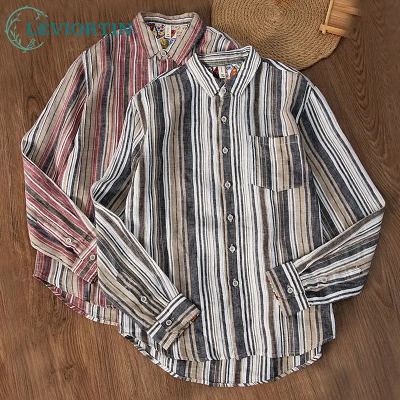 Fashion Vintage Colorblock Stript Shirt for Men Lighthweight Butting Lineve Lineve Coton Button Up Man Blouse Chemise 240430