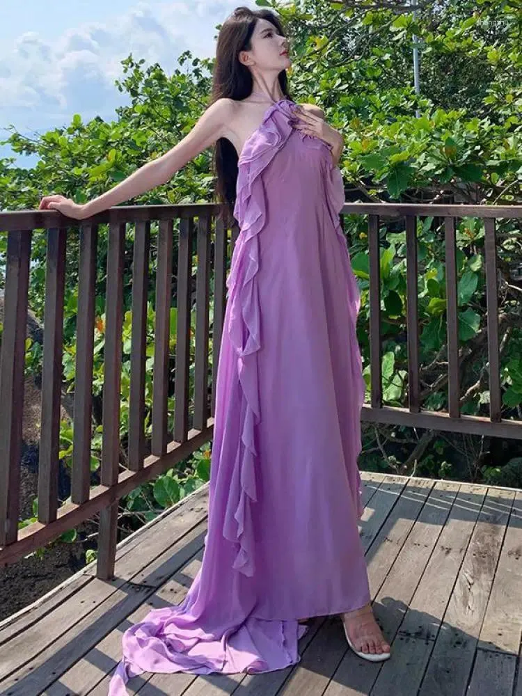 Robes décontractées Summer Purple Sexy Club Off épaule Slim Roufles sans dos Long Robe Banquet de mode Banquet de mode Halter Robe