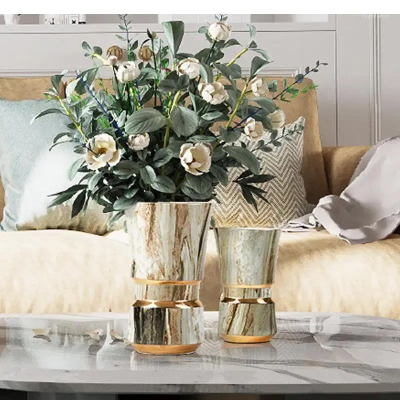 Vazen Modern Licht Luxe Marmeren Keramische vaas Simple Golden Stroke woonkamer Gedroogd bloem Arrangement Noordse Decoratie Home