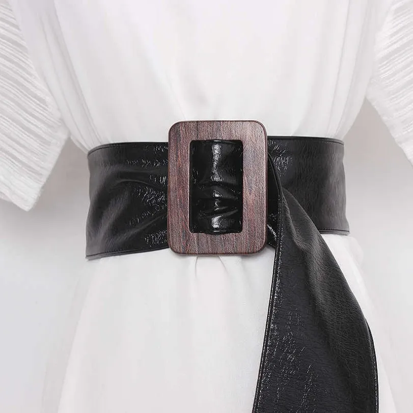 Nicht-Pin-Schnalle Verstellbarer Taillengürtel Frauen schwarzes weiches Patentleder mit Breitgurt mit Breiterweite Cinturon Mujer 2020 Q0624 225g