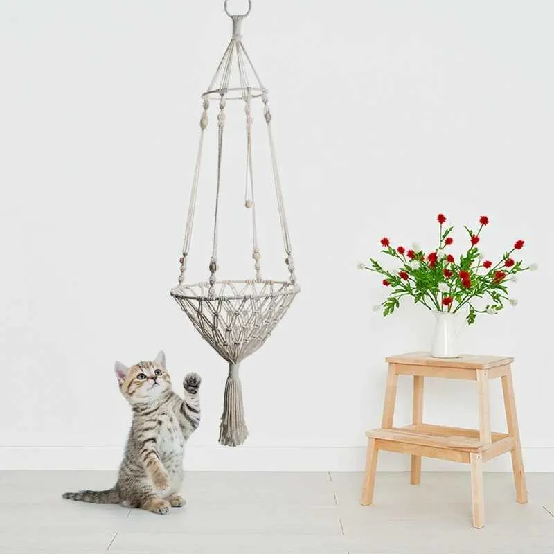 Lits de chats meubles été tissés d'été à la main Hamac Bohemian Style Coton Rope suspendu lit swing lit pour chaton pour animaux de compagnie pour chaton D240508