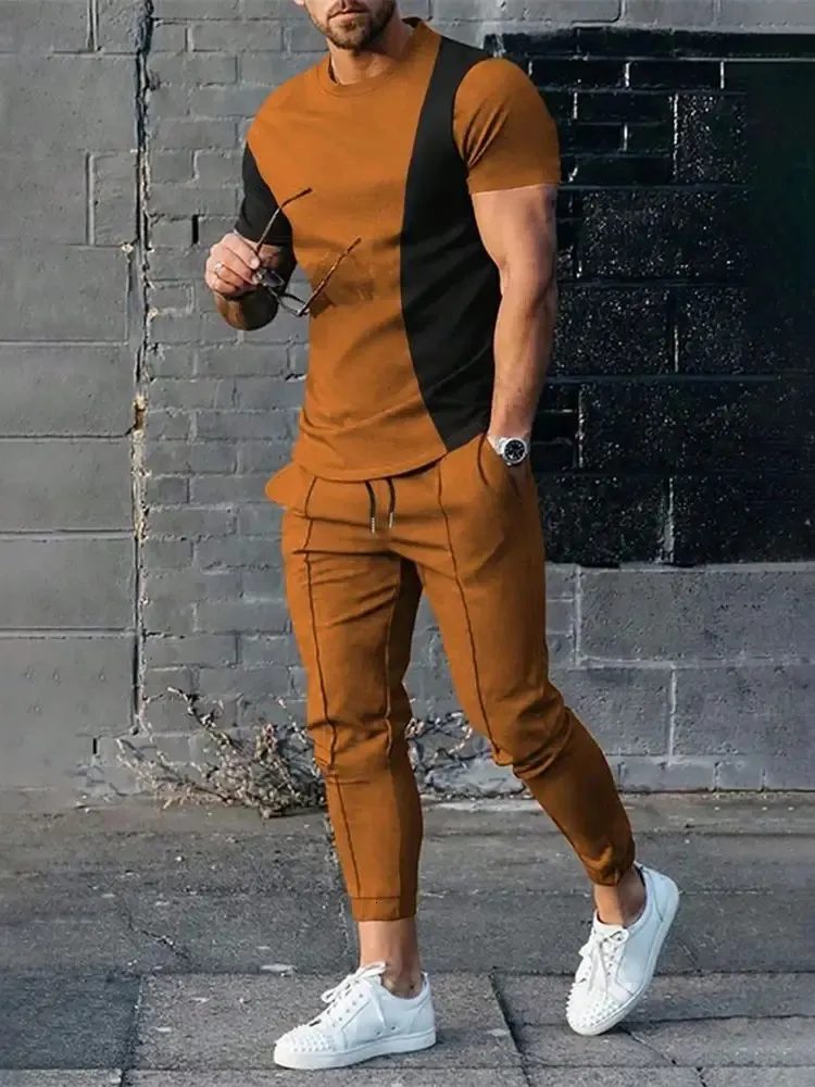 Men Tracksuit T -shirtpants met korte mouwen 2 -delige heren Set Outfit Oversized Jogger Sportswear 3D Color Print Trousers Suit 240426