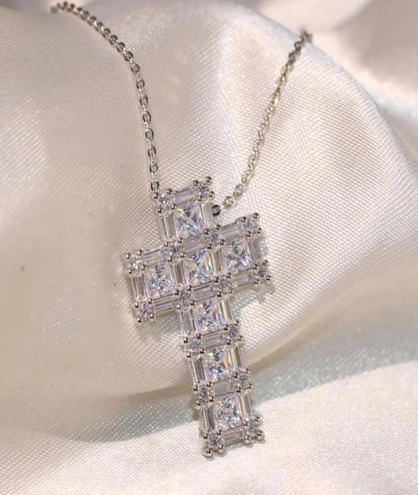 2018 Nouvelle arrivée Top Vente de luxe Bijoux 925 STERLING Silver Six Princess Cut 5A Cuubic Zirconia Cross Pendante Chain Chain Collier F2516501