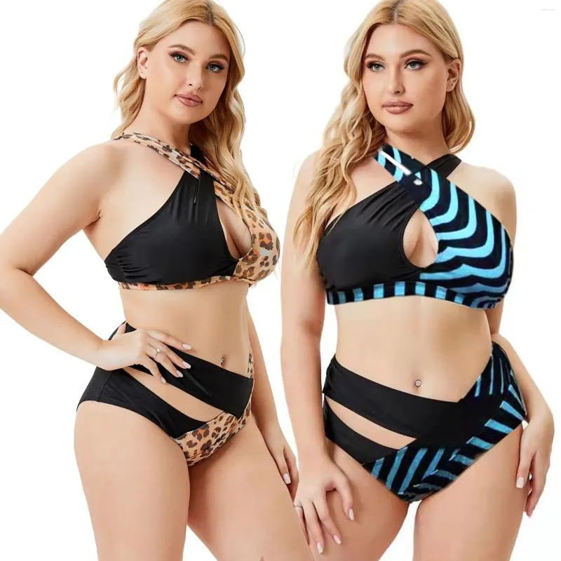 Damenbadebekleidung 2024 Sexy Leopard Bikinis Set Plus Size Badeanzug Hohlout Bikini Zweiteiler separater Badeanzug BBW 5xl