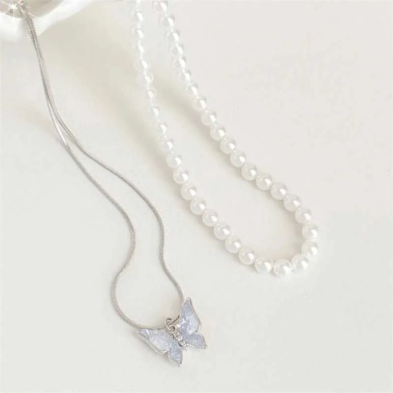 Charm Bracelets New Fashhion Blue Crystal Butterfly Pearl Bracelet Earrings Ring Necklace for Women Advanced Bilayer_voghion.com