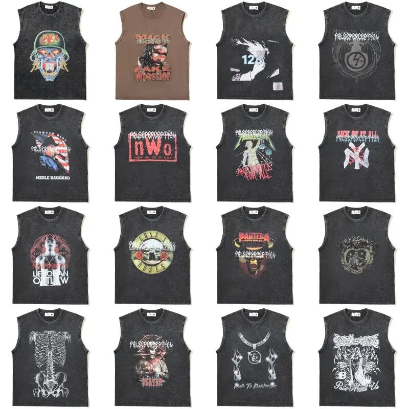 Designer T-shirt tee-träningskjortor tvättade svart amerikansk tvättad tank top mörk man ins vintage retro ärmlös kortärmad t-shirt på sommaren high street