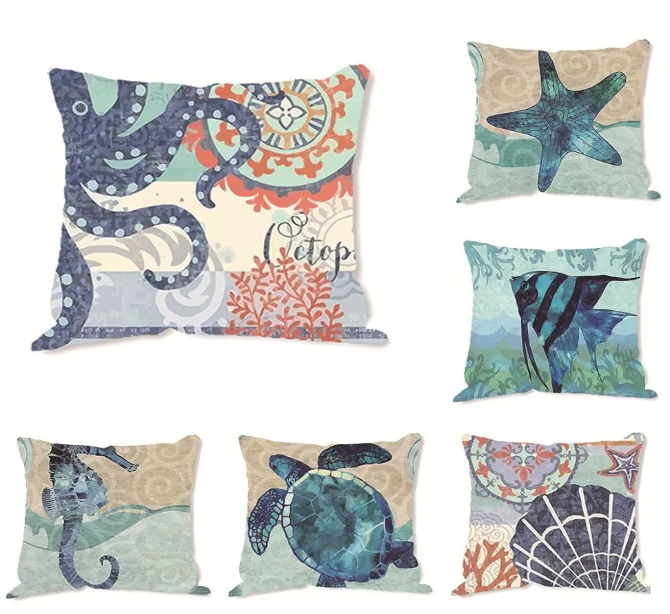 10Style Cushion Covers blue ocean Pillow Cover turtle seahorse whale linen pillowcase home decorate whole customization45457340771