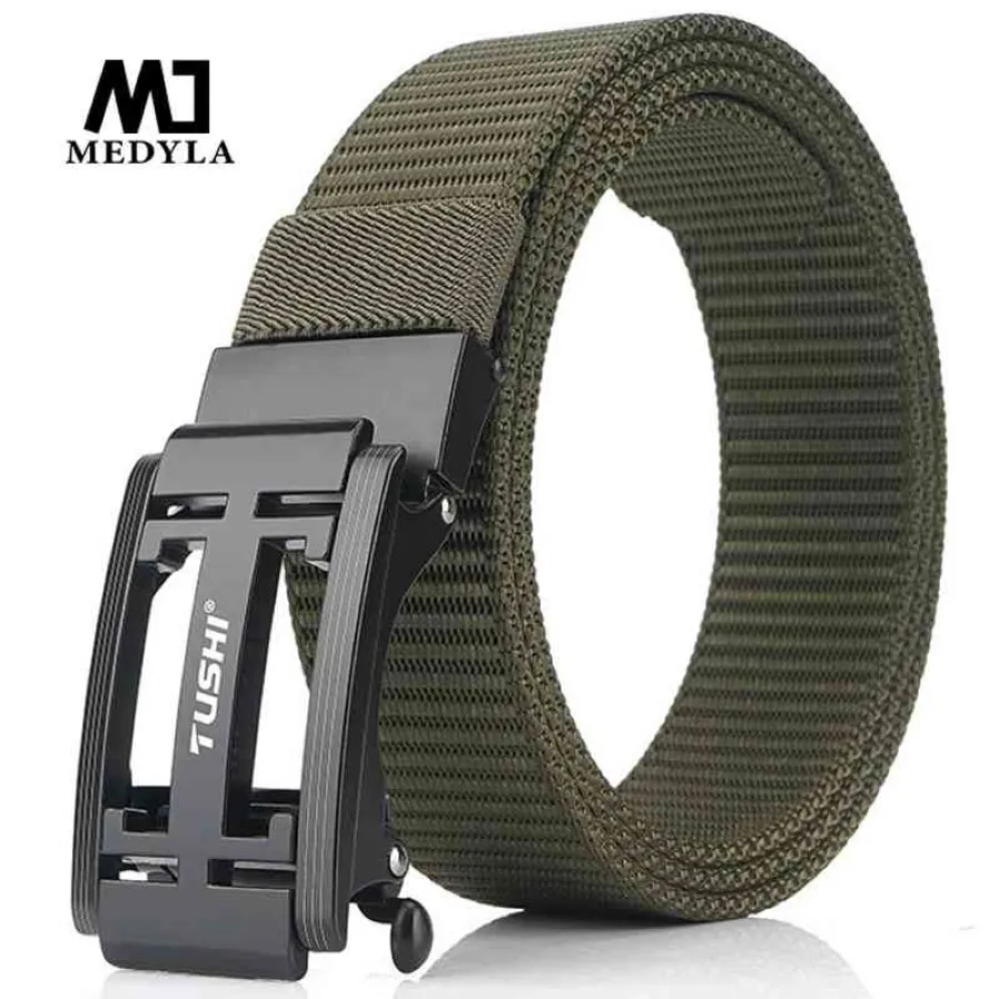 Medyla Mens Military Nylon Belt New Technology Automatisk spänne Hard Metal Uactical Belt för män 3mm mjuk riktig sportbälte 210310 304R