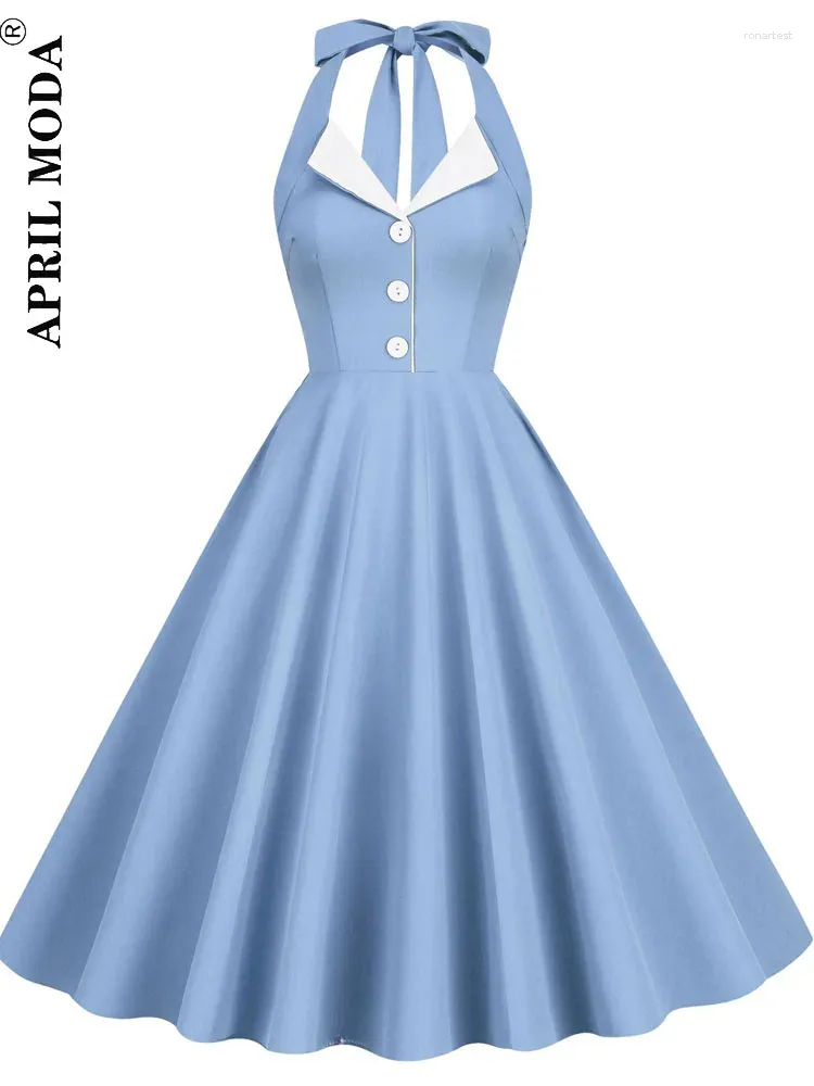 Casual jurken 2024 Blue Hepburn Style 50s 60s 60s Vintage Dress A-Line Backless Halter Pin Up Rockabilly Dames Summer Retro Party Vestidos