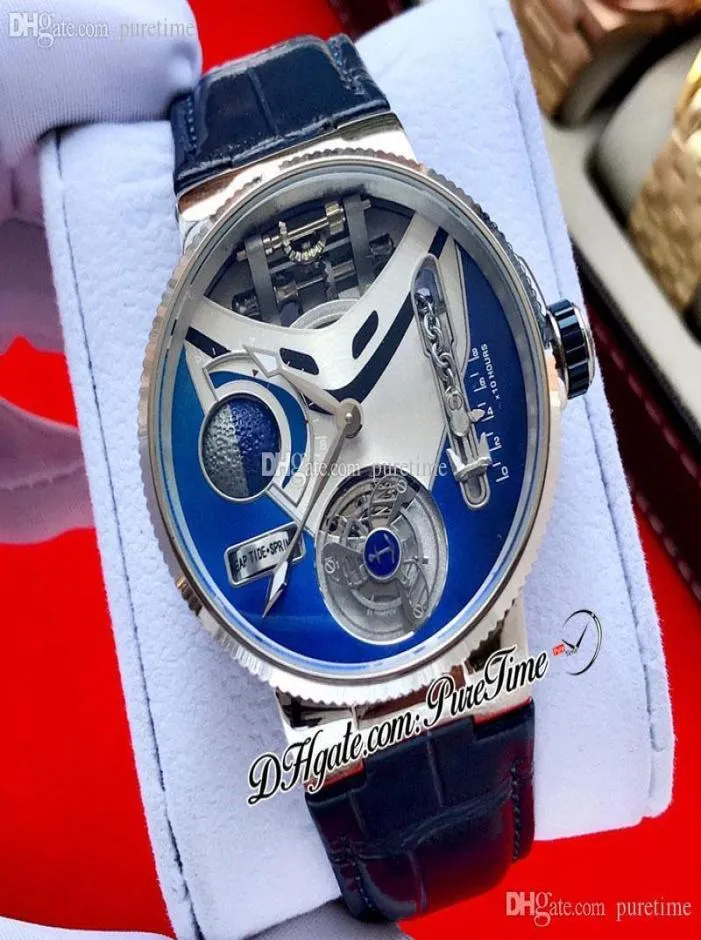 Mega Yacht 44mm 6319305 ENAMEL 3D Automatique Tourbillon pour hommes Affaire en acier Blue White Dial Strap en cuir 2021 Montres PureTime1311689