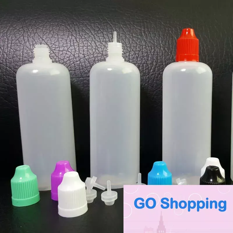 Enkla 120 ml flaskor PE mjuk genomskinlig tom LDPE -droppare 120 ml plastflaskor med långa tunna nålspetsar barnsäkra mössor för ångsaftförpackningsflaska