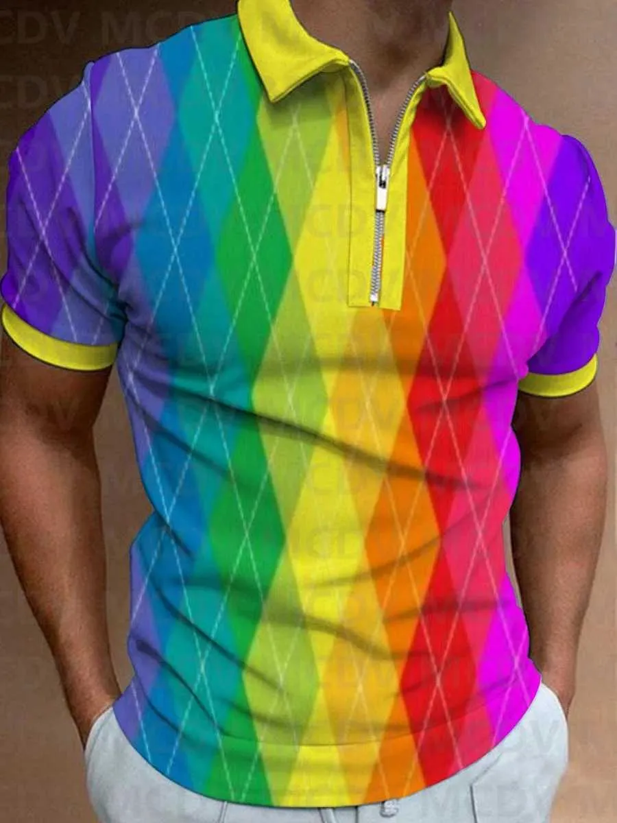 Polos masculinos gradiente de arco -íris camisa pólo xadrez 3D verão q240508