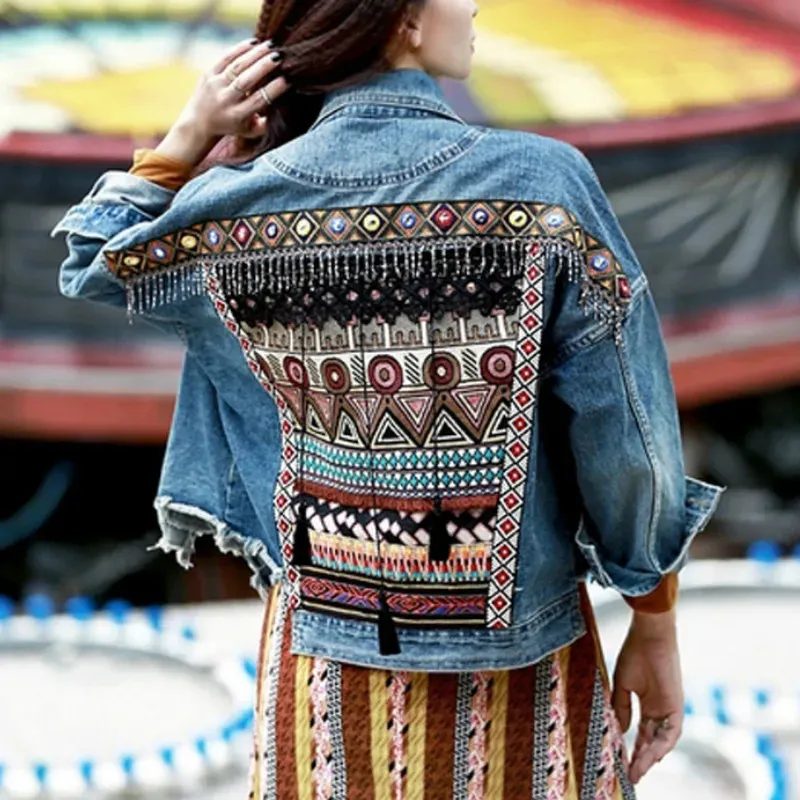 Ayualin с длинным рукавом бахрома джинсовой куртки осень винтажные этнические аппликации вышиваемая кисточка.