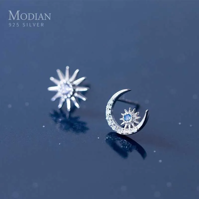 Stud Modian 2021 Authentic 925 Sterling Silver Rose Gold Moon and Sun Earrings Womens Jewelry Gift Bijoux Q240507