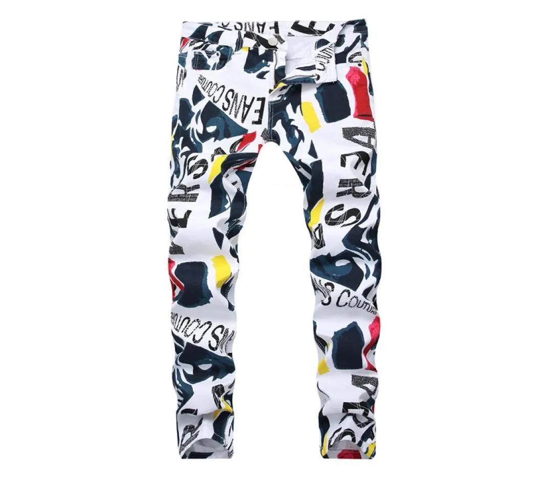 Men print Hip Hop denim New Fashion Brand man casual Pants 3D Painted Jeans Colorful White Skinny cotton Blend long trousers9690949