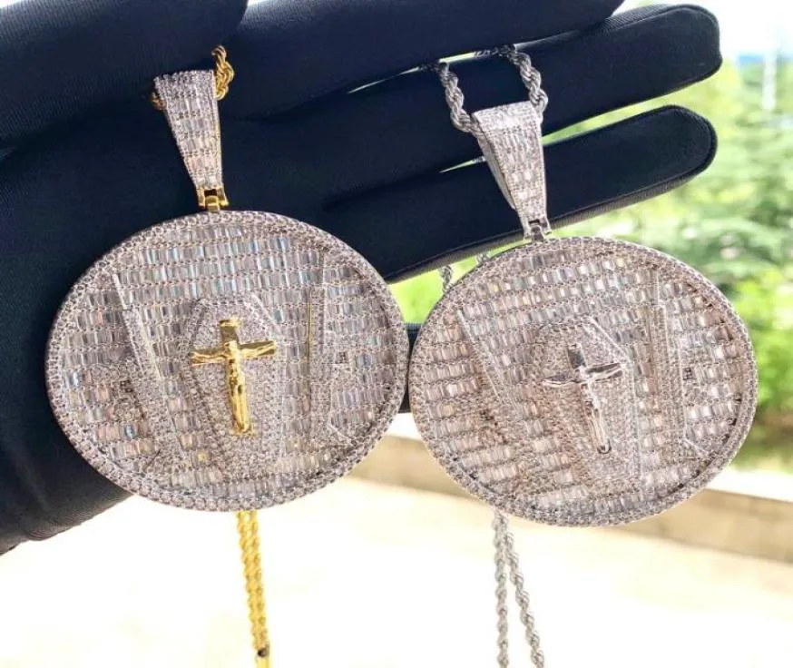 Chaines Hip Hop Iced Out Bling Baguette 5A Cumbic Zirconia Gun Jesus Round Pendant Colliers avec chaîne cubaine pour hommes Fashion Jewelr6239680