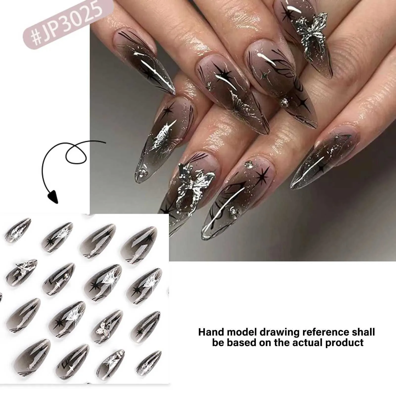 False Nails 3D Sliver Butterfly Decor False Nails Full Cover Fake Nail for Women Lady Almond Black Butterfly Press on nails Patches T240507