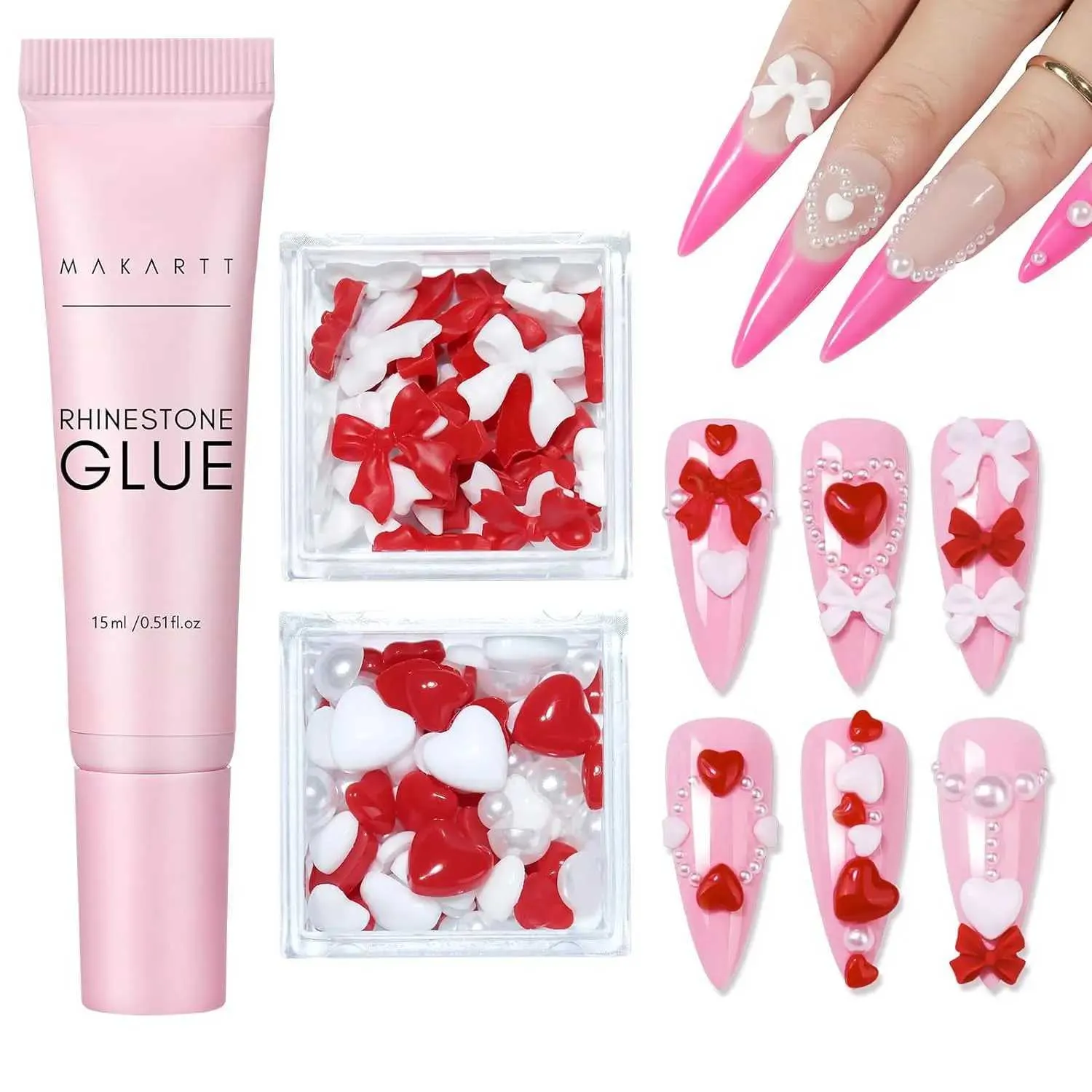 Nail Gel Makartt Charm Rhinestone Glue Kit 15 ml med Preals Gems 3D Art Bowknot Heart Decor Q240507