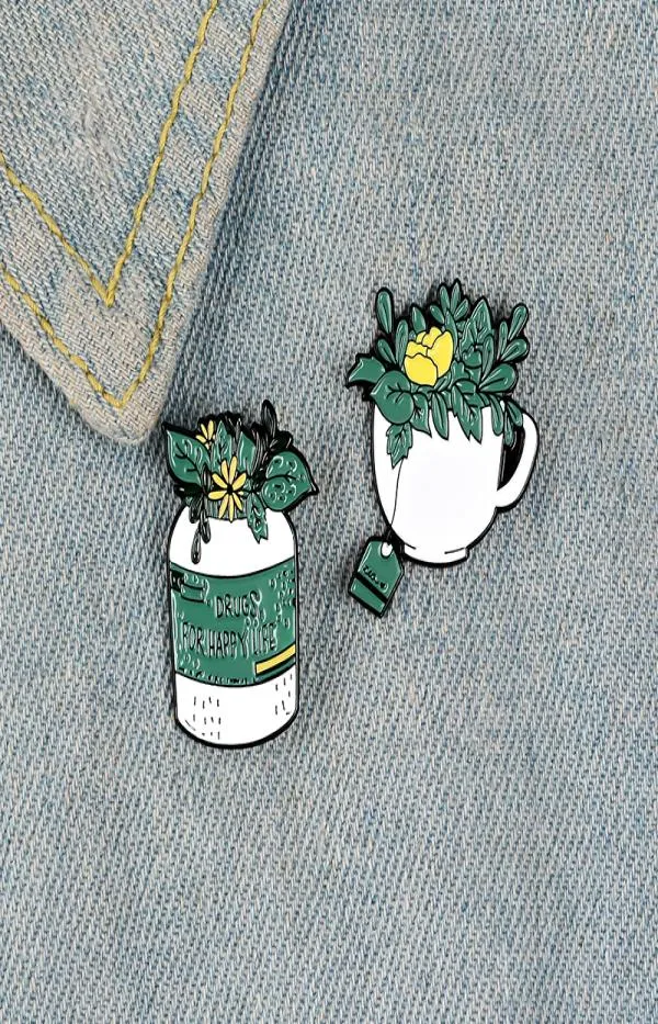 Pince di smalto di pianta verde bottiglia pillola floreale ha felice vita badge tè tazza di pernottatrice per spallata per spina dorsale bella gioielleria Lady GI4666804