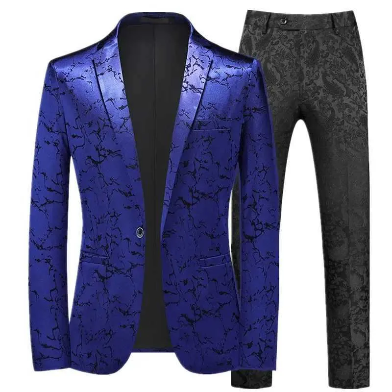 メンズスーツブレザー秋の新しいメンズボールドレスセットブラック/ブルーファッションジャックジャケットとパンツサイズ6xl-S Q240507