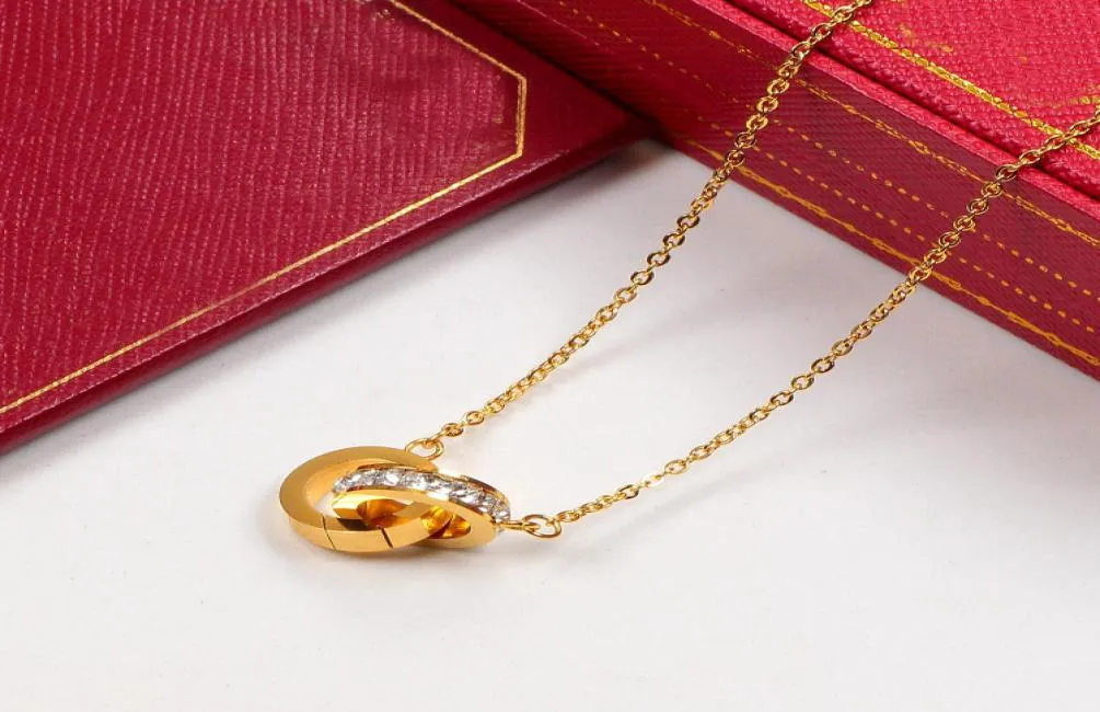 2021 Collier de couleur en argent en or rose à double cercle avec pierre pour femmes Bijoux de costume de collier vintage avec coffret d'origine1924052