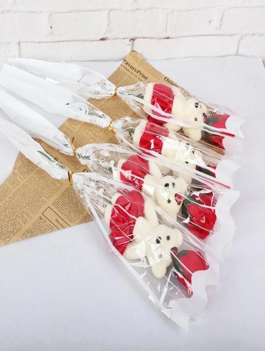 バレンタインデーシミュレーション用のかわいいクマの人工花石鹸ローズフラワーズマルチカラーシングルブーケポピュラー8 5KY BB1706550
