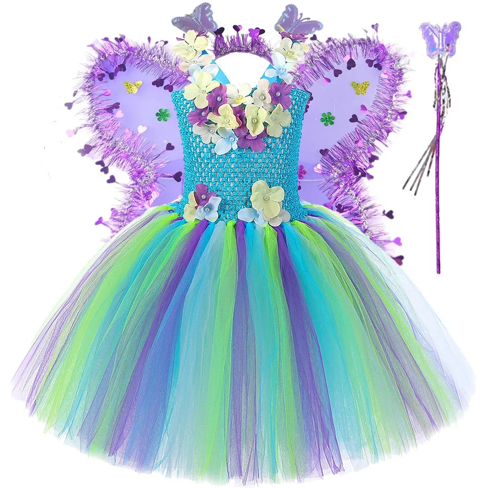 Flower Jungle Fairy Costumes For Girls Birthday Party Tutus Kids Halloween Fancy Dress With Butterfly Wings Princess Girl Outfit 240429