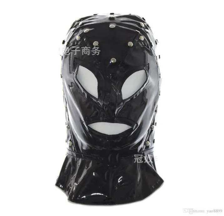 Máscara de capuz escravo preto máscara de couro de patente brilhante