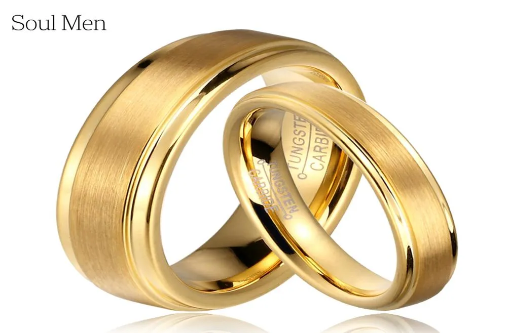 Soul Men 1 Pair Gold Color Tungsten Carbide Wedding Band Rings Set For Him And Her 6mm For Men 4mm For Women Brushed Finish J190717283743