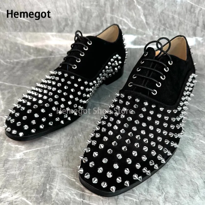 Casual Shoes Silver Rivet Black Suede Men Lace-Up Flats Loafers Office Leisure Genuine Leather Luxury Wedding