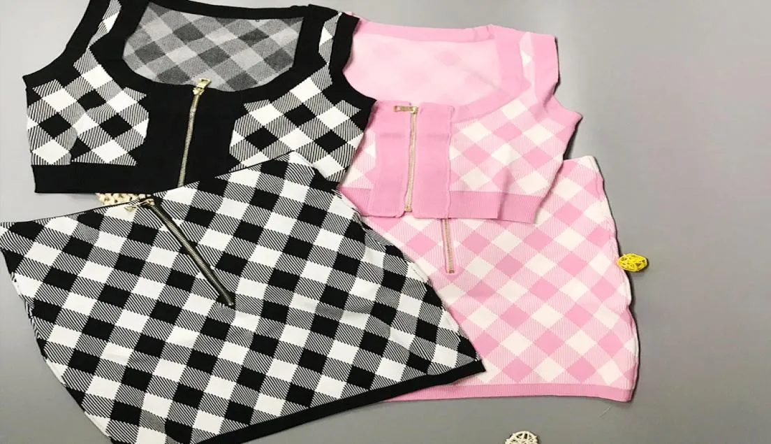 325 2021 Frühlings Sommermarke Gleiche Stil Zwei Stücke Sets kurzer Rock Crew Neck ärmellose Imperium Pink Black Plaid Fashion Womens Cl2178446