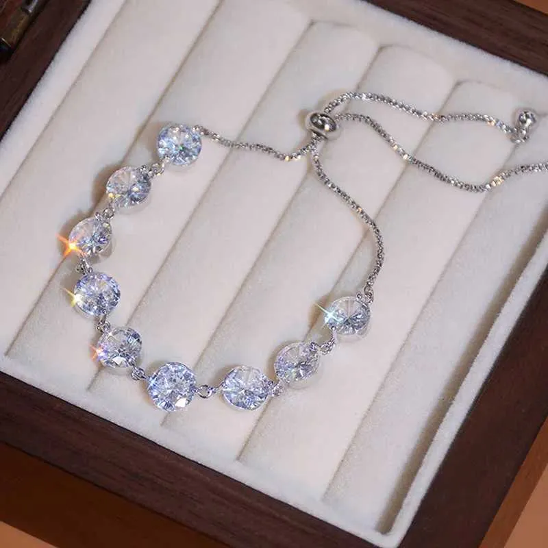 Crystal Zircon Bracelet For Women Adjustable Shiny Silver Plated_voghion.com