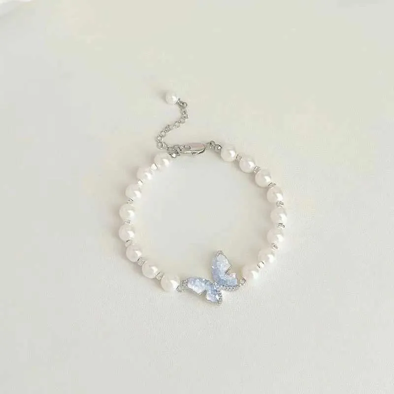 Charm Bracelets New Fashhion Blue Crystal Butterfly Pearl Bracelet Earrings Ring Necklace for Women Advanced Bilayer_voghion.com