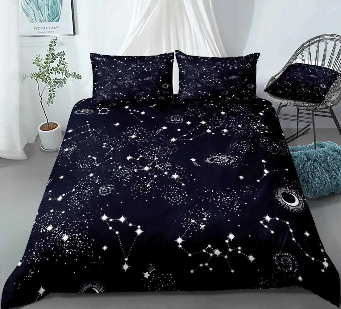 Set di biancheria da letto a stella biancheria da letti cielo notturno ragazze ragazzi ragazzi giù per copripiumino set di tessili blu scuro galassia da letto da letto malato copripiumino j240507