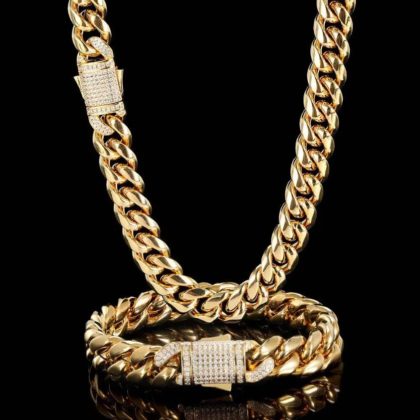 2 кусочки хип -хоп Майами Титановый сталь стальной ожерелье и мужской браслет с цирконом весенней пряжки кубинская цепь Популярная 2294