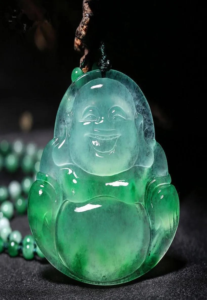 Statua Maitreya Buddha rzeźbiona jadeczkowa wisior naturalny chiński biały zielony jadeiczny naszyjnik biżuteria 4739641