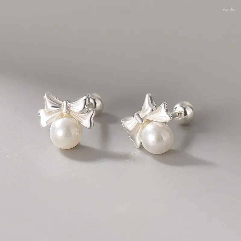 Gestüt Ohrringe 999 Sterling Silber Korean süßer Pearl Bogen für Frauen Mädchen Hochzeitsfeier Schmuck