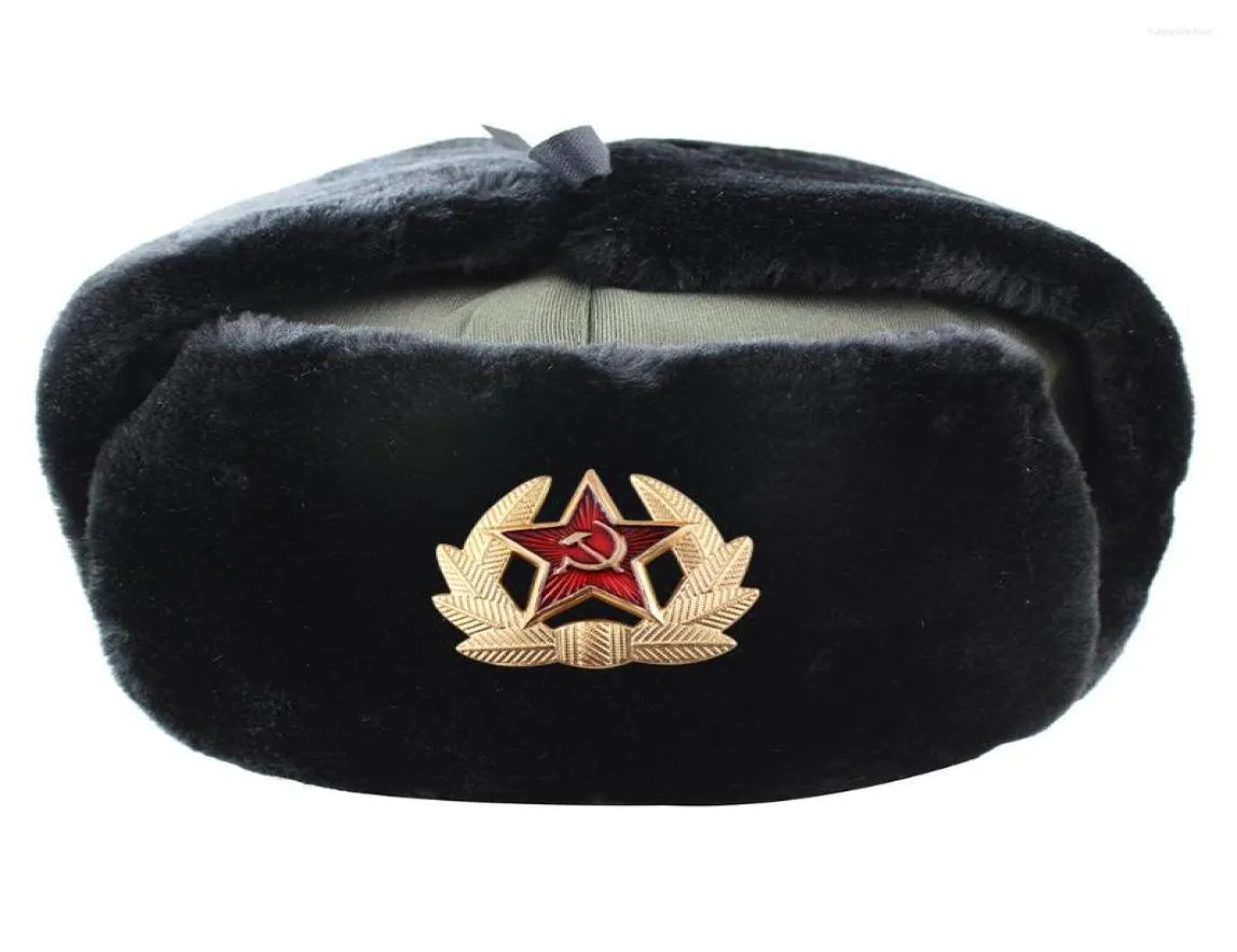 Berets Badge militaire soviétique Russie Ushanka Bomber Chapeaux Pilote Trapper Hat Winter Faux Fur Flap Men Snow Caps2042194