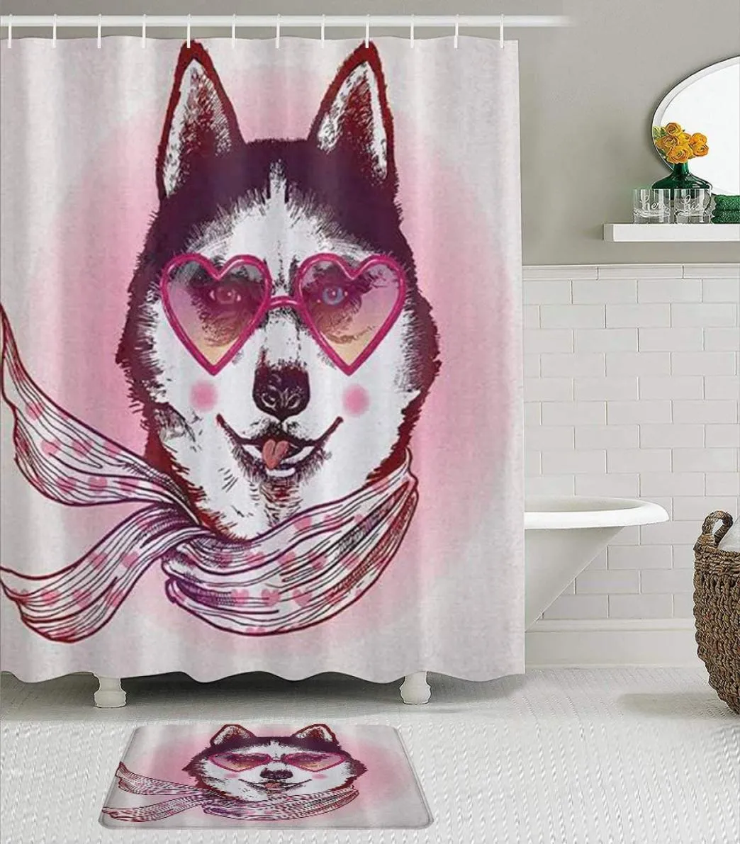 Stoff Duschvorhang und Matten Sethipster Husky Hund mit Herzen Sonnenbrille und Schal Modetier Artwater Proof Bath4930437