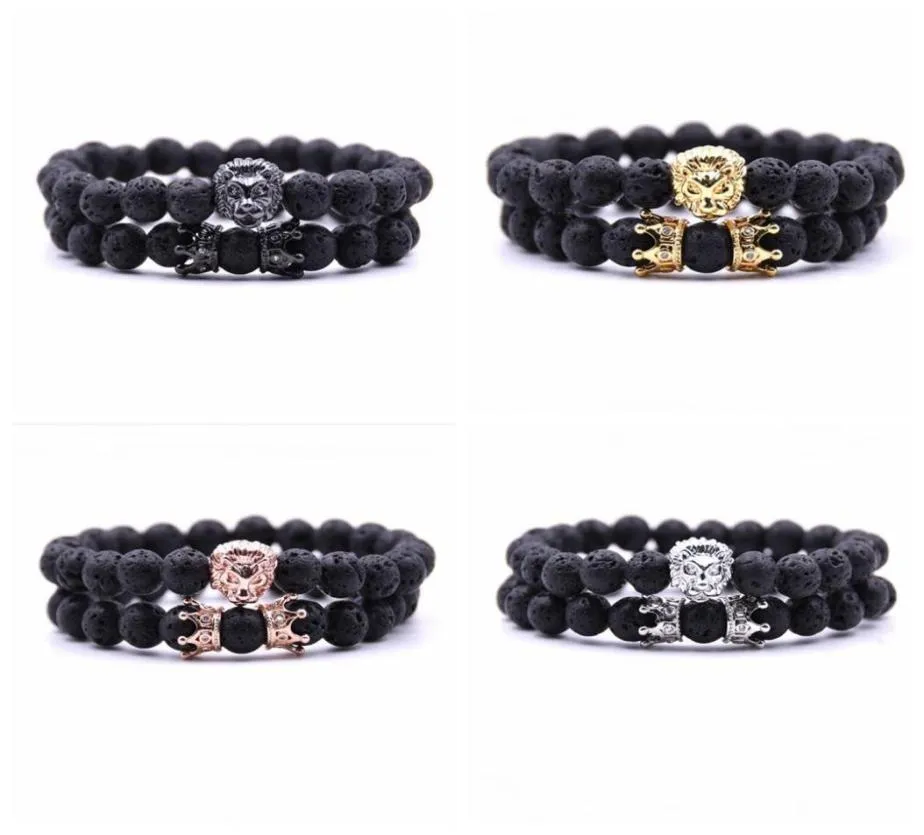 2 PCSSET ANIMAL KING LION HEAD LAVA STONE BRACELET BLACK NATURAL STONE COUND COUPLE COUNTE MEN用ブラクレットセットハンドジュエリーアクセサリー3140254